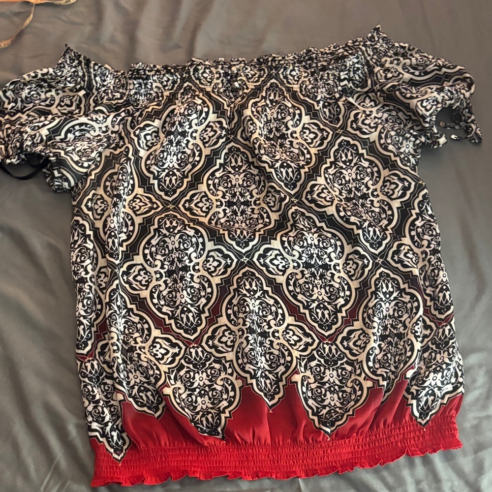White House Black Market Black and Red Off-Shoulder Blouse